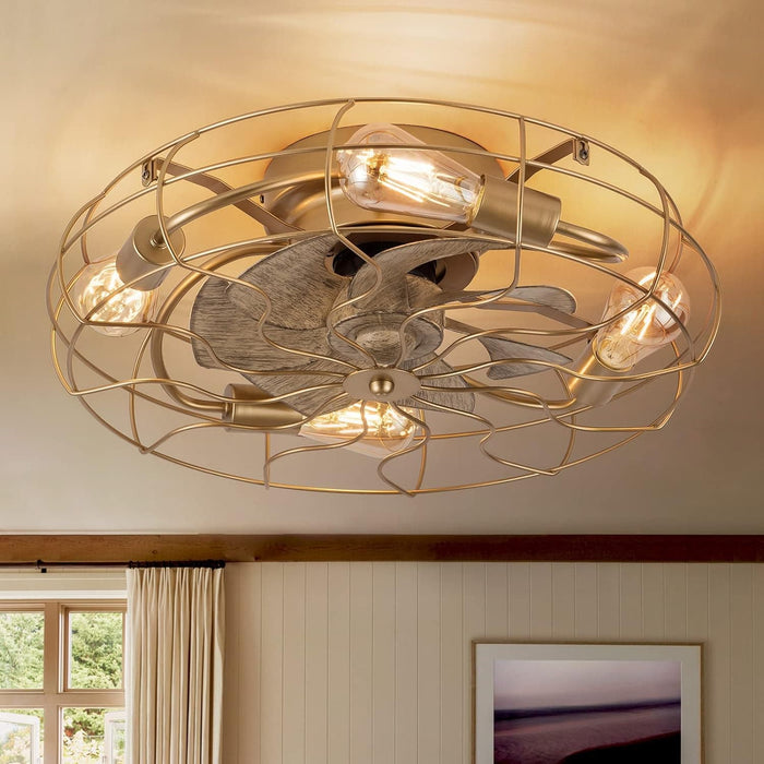 21 in. Low Profile Caged Ceiling Fan with Light Remote, Bladeless Farmhouse Industrial Ceiling Fan, Small Black Ceiling Light Fixture for Bedroom-22-ErisView