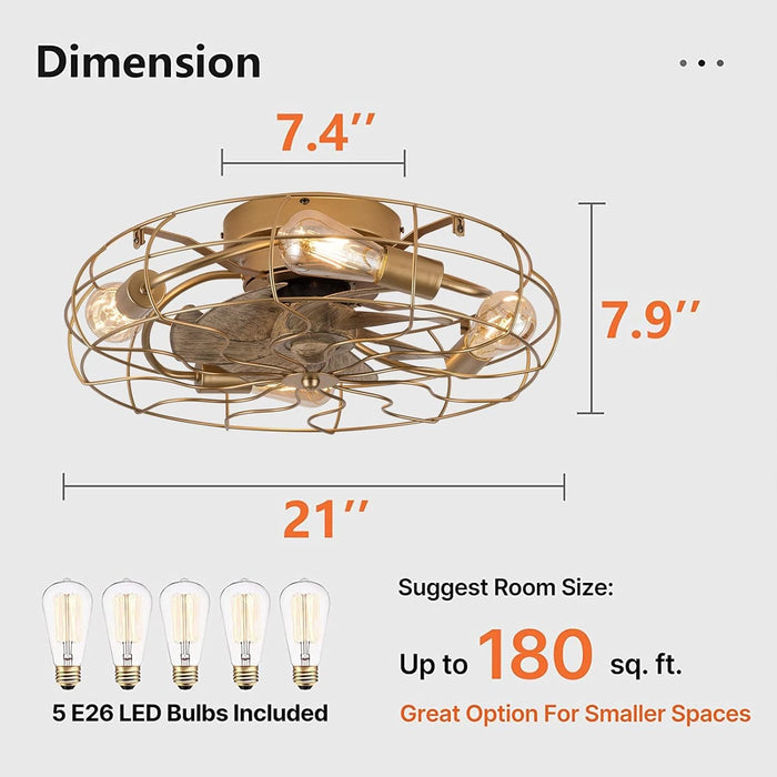 21 in. Low Profile Caged Ceiling Fan with Light Remote, Bladeless Farmhouse Industrial Ceiling Fan, Small Black Ceiling Light Fixture for Bedroom-23-ErisView