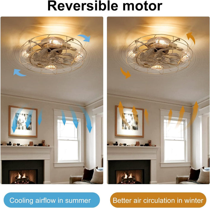 21 in. Low Profile Caged Ceiling Fan with Light Remote, Bladeless Farmhouse Industrial Ceiling Fan, Small Black Ceiling Light Fixture for Bedroom-25-ErisView