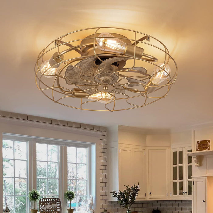 21 in. Low Profile Caged Ceiling Fan with Light Remote, Bladeless Farmhouse Industrial Ceiling Fan, Small Black Ceiling Light Fixture for Bedroom-27-ErisView