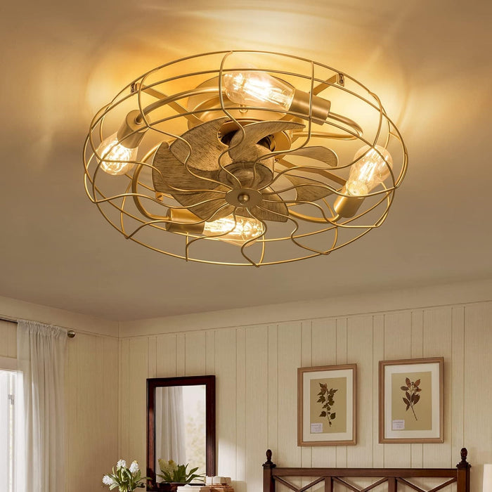 21 in. Low Profile Caged Ceiling Fan with Light Remote, Bladeless Farmhouse Industrial Ceiling Fan, Small Black Ceiling Light Fixture for Bedroom-28-ErisView
