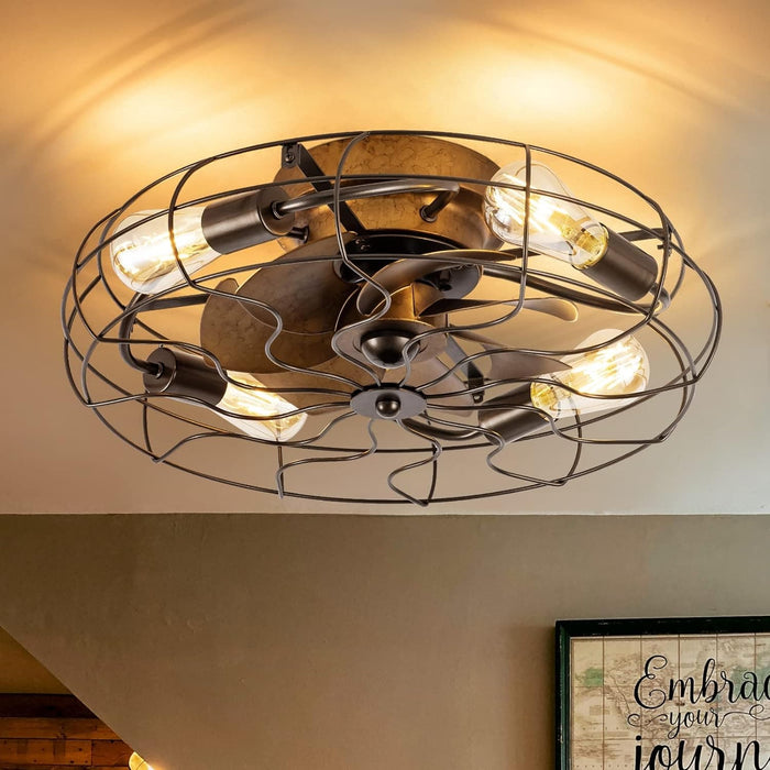 21 in. Low Profile Caged Ceiling Fan with Light Remote, Bladeless Farmhouse Industrial Ceiling Fan, Small Black Ceiling Light Fixture for Bedroom-37-ErisView