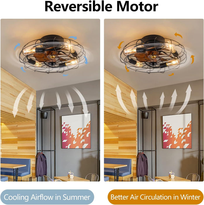 21 in. Low Profile Caged Ceiling Fan with Light Remote, Bladeless Farmhouse Industrial Ceiling Fan, Small Black Ceiling Light Fixture for Bedroom-3-ErisView