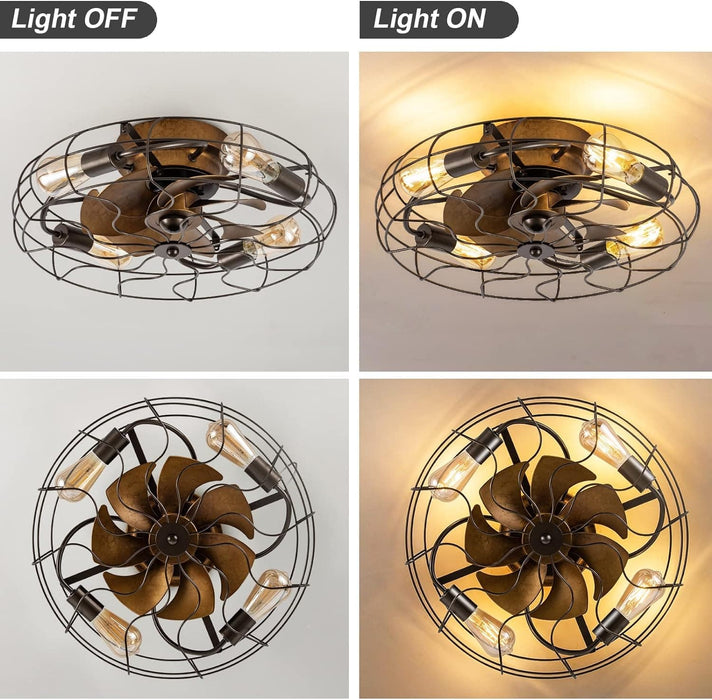 21 in. Low Profile Caged Ceiling Fan with Light Remote, Bladeless Farmhouse Industrial Ceiling Fan, Small Black Ceiling Light Fixture for Bedroom-40-ErisView