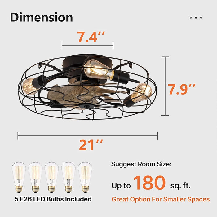 21 in. Low Profile Caged Ceiling Fan with Light Remote, Bladeless Farmhouse Industrial Ceiling Fan, Small Black Ceiling Light Fixture for Bedroom-45-ErisView