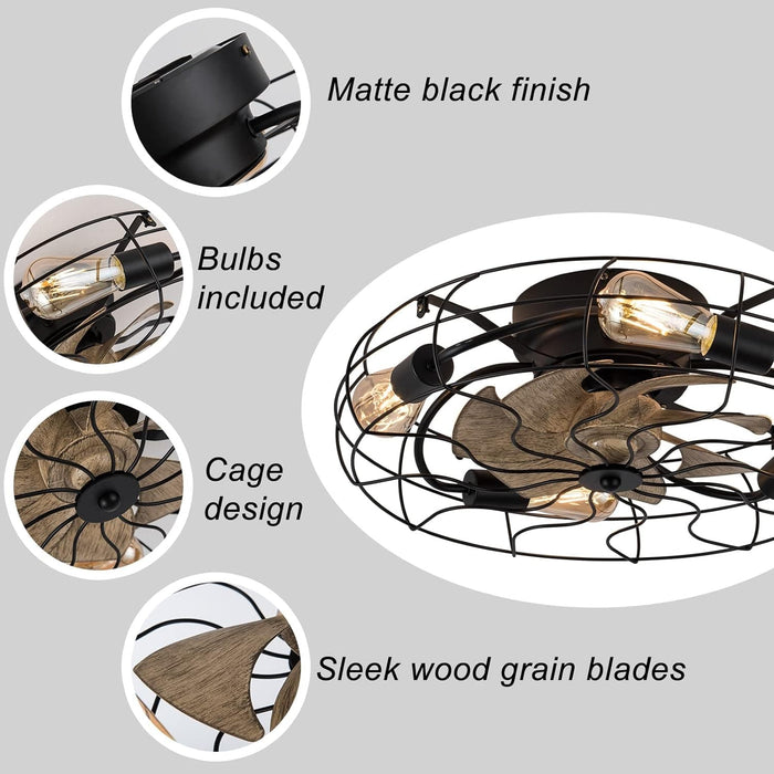 21 in. Low Profile Caged Ceiling Fan with Light Remote, Bladeless Farmhouse Industrial Ceiling Fan, Small Black Ceiling Light Fixture for Bedroom-46-ErisView