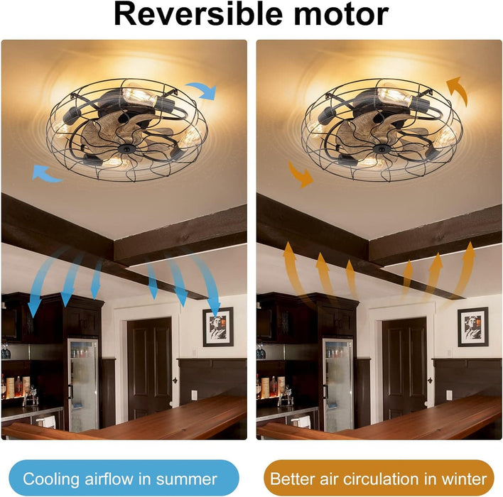 21 in. Low Profile Caged Ceiling Fan with Light Remote, Bladeless Farmhouse Industrial Ceiling Fan, Small Black Ceiling Light Fixture for Bedroom-47-ErisView