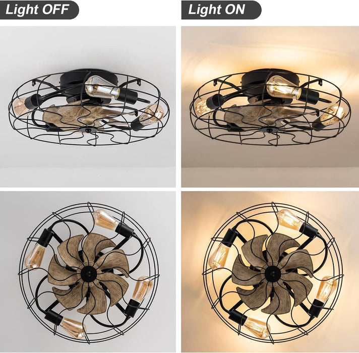 21 in. Low Profile Caged Ceiling Fan with Light Remote, Bladeless Farmhouse Industrial Ceiling Fan, Small Black Ceiling Light Fixture for Bedroom-48-ErisView