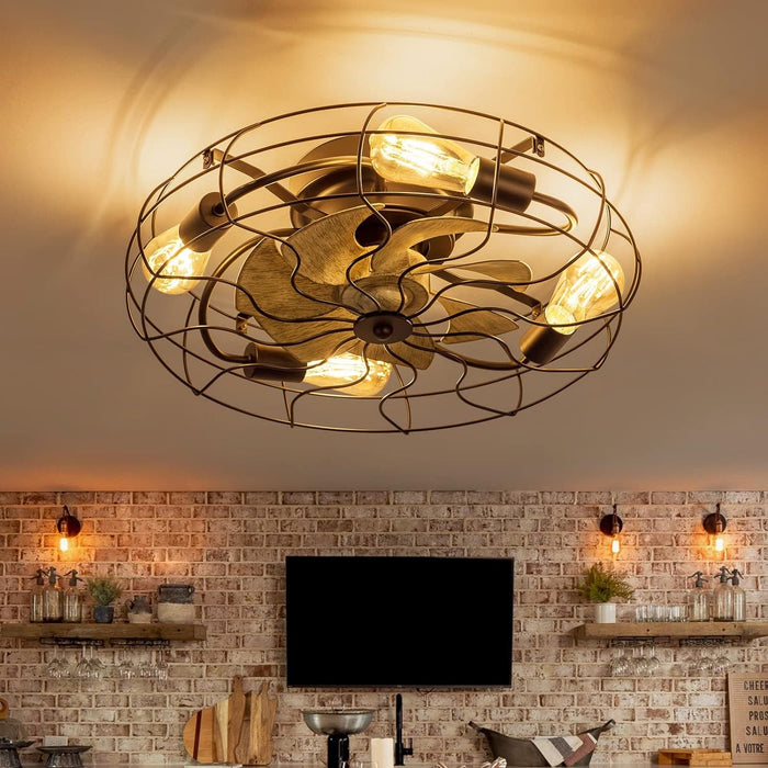 21 in. Low Profile Caged Ceiling Fan with Light Remote, Bladeless Farmhouse Industrial Ceiling Fan, Small Black Ceiling Light Fixture for Bedroom-49-ErisView