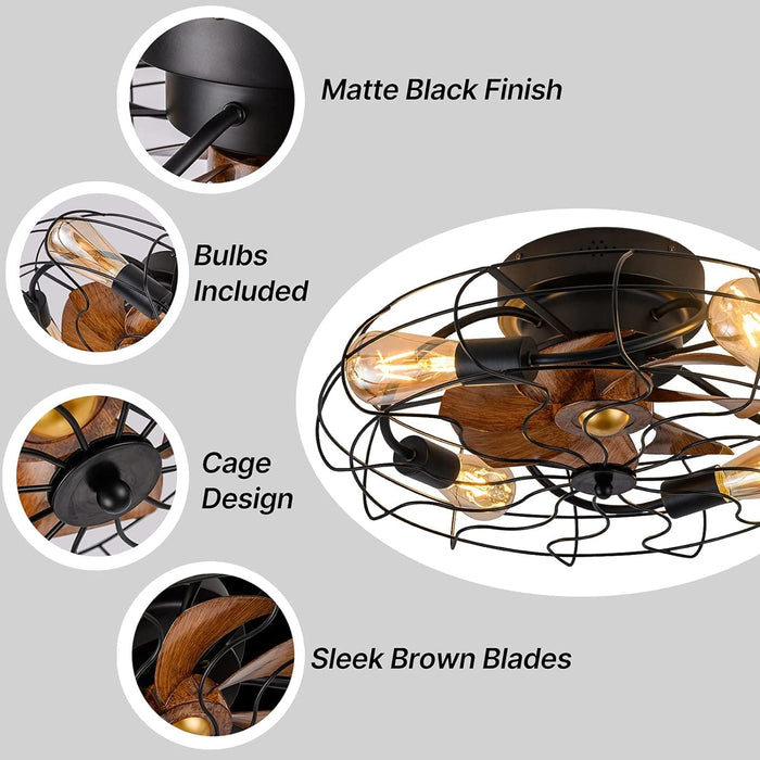 21 in. Low Profile Caged Ceiling Fan with Light Remote, Bladeless Farmhouse Industrial Ceiling Fan, Small Black Ceiling Light Fixture for Bedroom-4-ErisView