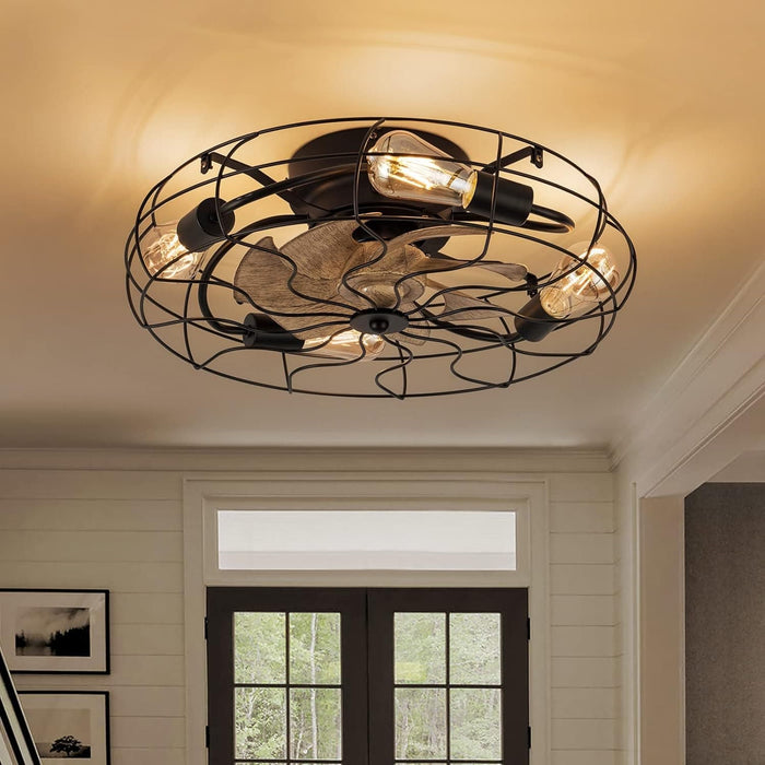 21 in. Low Profile Caged Ceiling Fan with Light Remote, Bladeless Farmhouse Industrial Ceiling Fan, Small Black Ceiling Light Fixture for Bedroom-50-ErisView