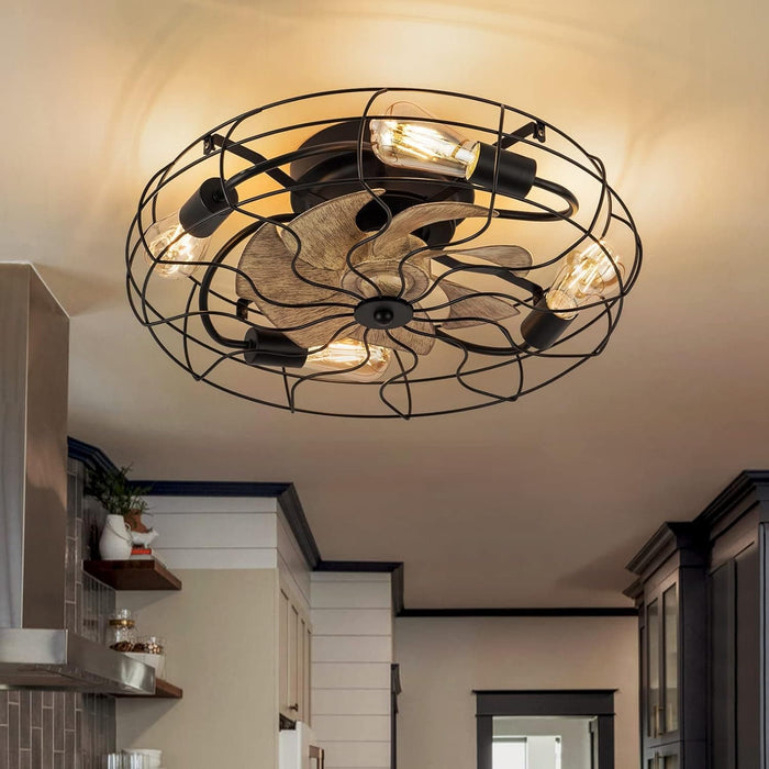 21 in. Low Profile Caged Ceiling Fan with Light Remote, Bladeless Farmhouse Industrial Ceiling Fan, Small Black Ceiling Light Fixture for Bedroom-51-ErisView