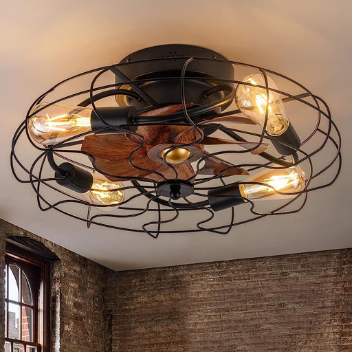 21 in. Low Profile Caged Ceiling Fan with Light Remote, Bladeless Farmhouse Industrial Ceiling Fan, Small Black Ceiling Light Fixture for Bedroom-1-ErisView