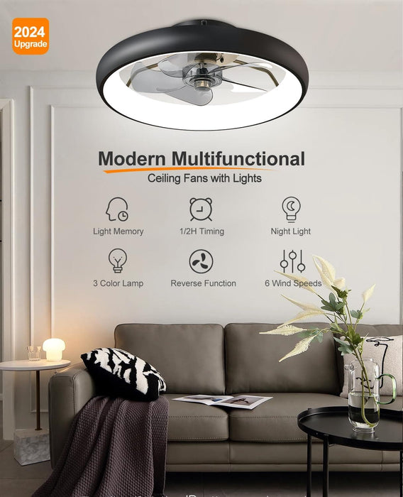21 in. Modern Low Profile Flush Mount Ceiling Fan, Remote Control Ceiling Fan and Light, Smart Bladeless LED Ceiling Fan for Bedroom Kitchen Dining Room-2-ErisView
