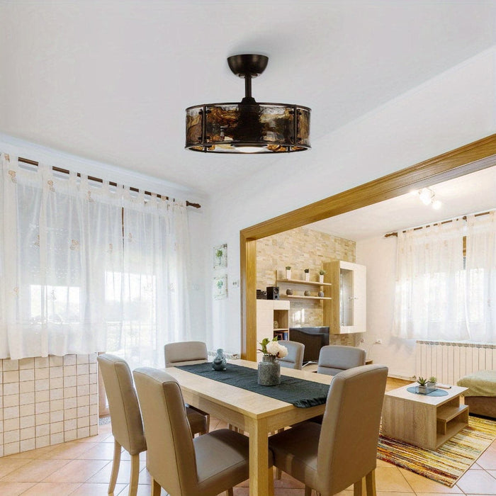 21 in. Retro LED Ceiling Fan with Bronze Cage, Reversible Semi-Flush Mount Ceiling Fan with Remote for Dining Room-ErisView
