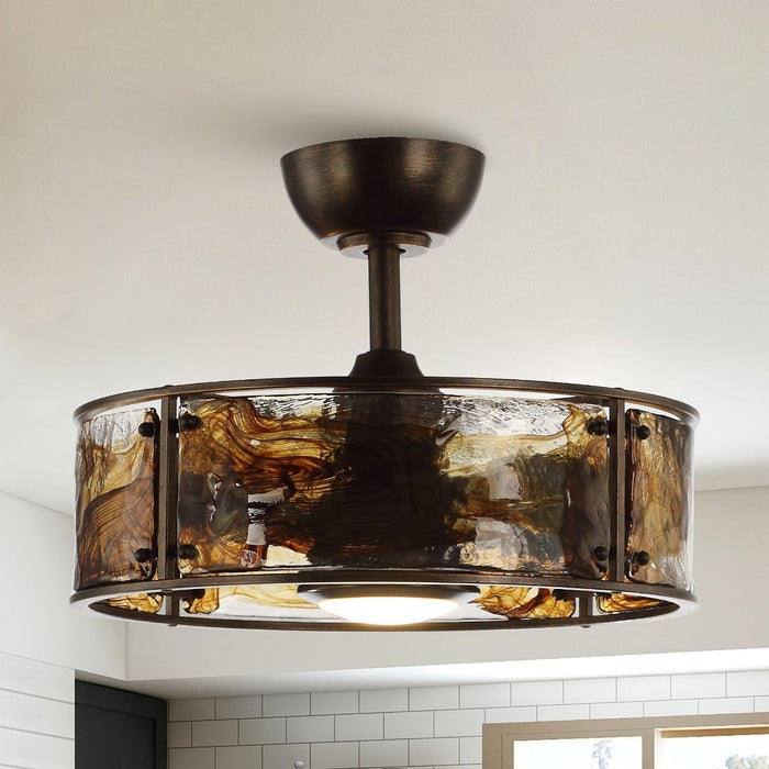 21 in. Retro LED Ceiling Fan with Bronze Cage, Reversible Semi-Flush Mount Ceiling Fan with Remote for Dining Room-ErisView