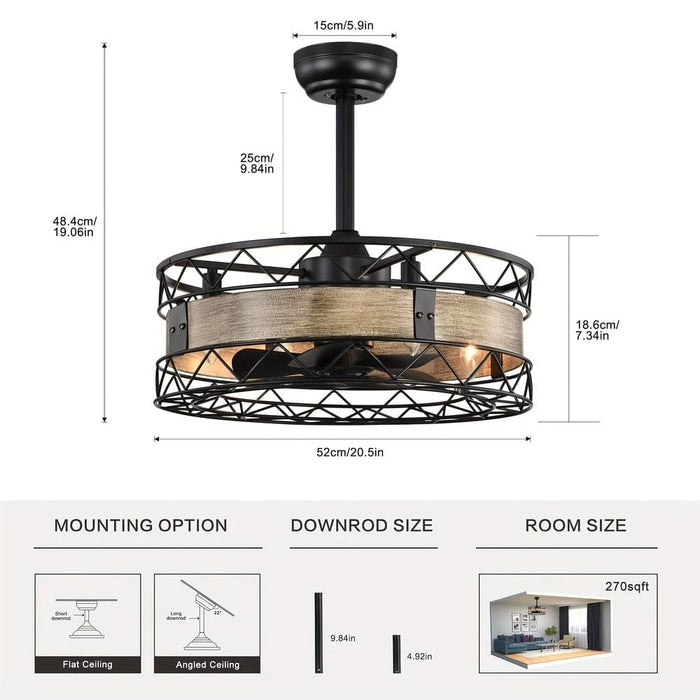 21 in. Round Caged Black Ceiling Fan with Lights Remote Control Timer, Farmhouse Indoor Ceiling Fan for Bedroom Living Room ErisView