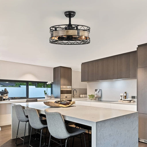 21 in. Round Caged Black Ceiling Fan with Lights Remote Control Timer, Farmhouse Indoor Ceiling Fan for Bedroom Living Room ErisView