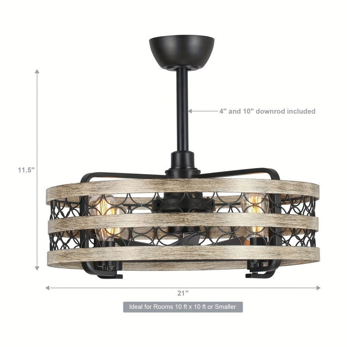 21 in. Small Black Ceiling Fan Chandelier with Light Remote, 3-Blade Farmhouse Ceiling Fan with Cage for Living Room-ErisView