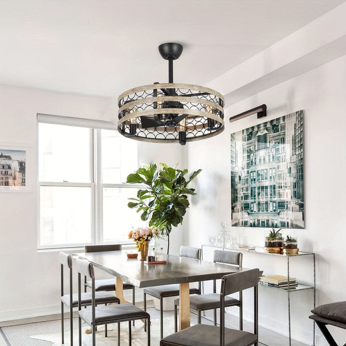 21 in. Small Black Ceiling Fan Chandelier with Light Remote, 3-Blade Farmhouse Ceiling Fan with Cage for Living Room-ErisView