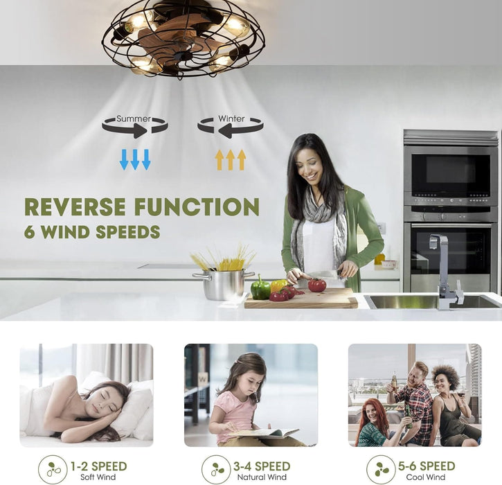 21 in. Small Caged Flush Mount Ceiling Fan and Light and Remote,, Industrial Enclosed Low Profile Ceiling Fan for Bedroom Ceiling Living Room-2-ErisView