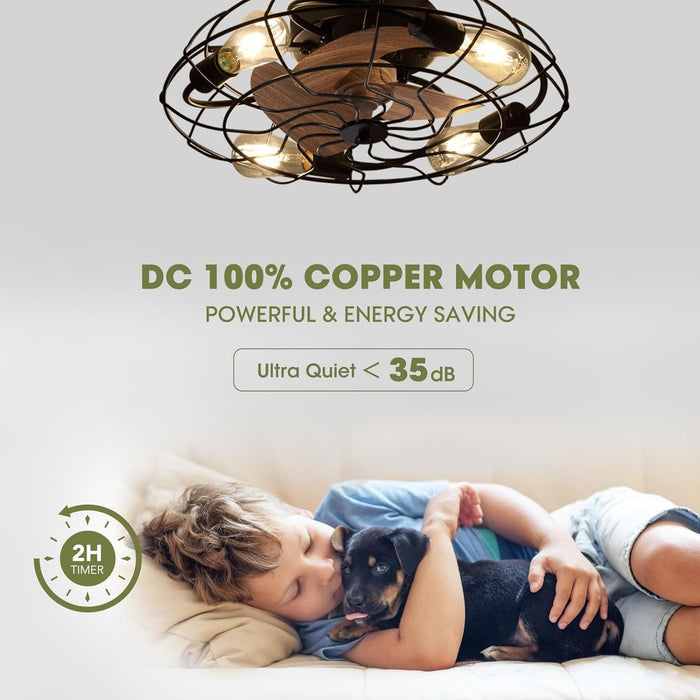 21 in. Small Caged Flush Mount Ceiling Fan and Light and Remote,, Industrial Enclosed Low Profile Ceiling Fan for Bedroom Ceiling Living Room-3-ErisView