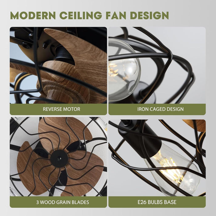 21 in. Small Caged Flush Mount Ceiling Fan and Light and Remote,, Industrial Enclosed Low Profile Ceiling Fan for Bedroom Ceiling Living Room-4-ErisView