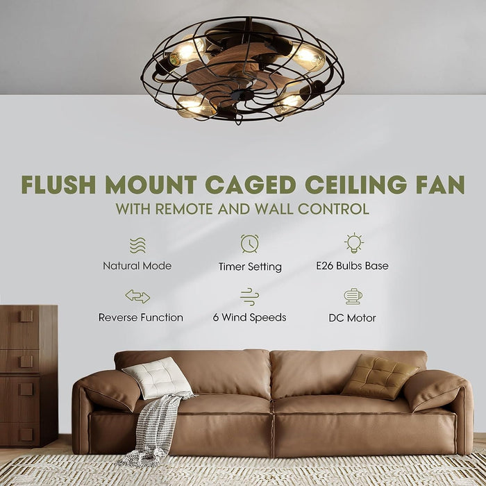 21 in. Small Caged Flush Mount Ceiling Fan and Light and Remote,, Industrial Enclosed Low Profile Ceiling Fan for Bedroom Ceiling Living Room-5-ErisView