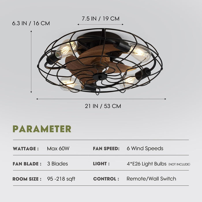 21 in. Small Caged Flush Mount Ceiling Fan and Light and Remote,, Industrial Enclosed Low Profile Ceiling Fan for Bedroom Ceiling Living Room-6-ErisView