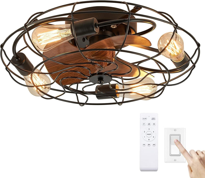21 in. Small Caged Flush Mount Ceiling Fan and Light and Remote,, Industrial Enclosed Low Profile Ceiling Fan for Bedroom Ceiling Living Room-8-ErisView