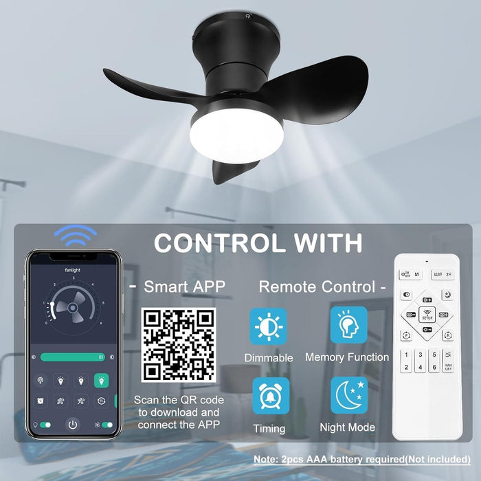 21 in. Small Flush Mount Ceiling Fans with Lights APP Control, Dimmable Beautiful Ceiling Fans, Black Bedroom Kitchen Ceiling Fans with Lights-2-ErisView
