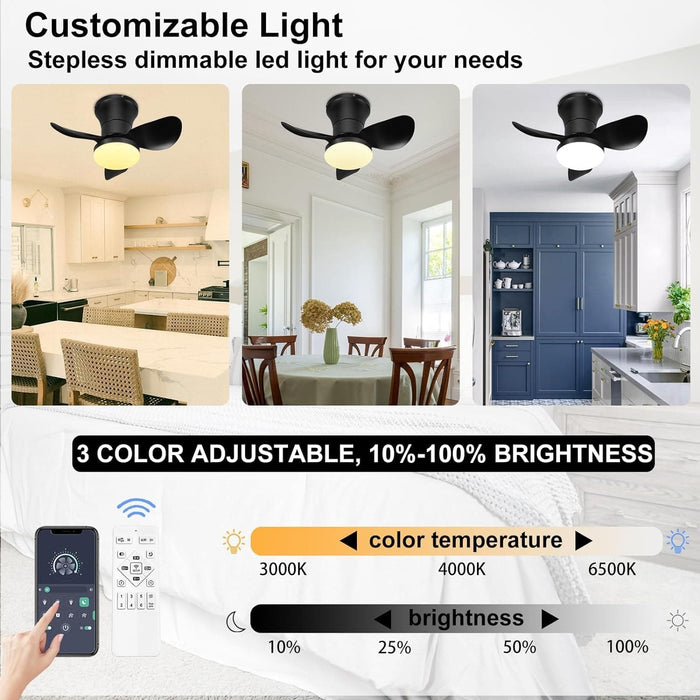 21 in. Small Flush Mount Ceiling Fans with Lights APP Control, Dimmable Beautiful Ceiling Fans, Black Bedroom Kitchen Ceiling Fans with Lights-4-ErisView