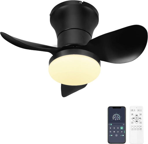 21 in. Small Flush Mount Ceiling Fans with Lights APP Control, Dimmable Beautiful Ceiling Fans, Black Bedroom Kitchen Ceiling Fans with Lights-1-ErisView