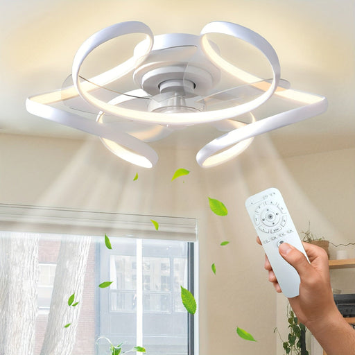 21 in. White Modern Low Profile LED Ceiling Fan with Light Remote, Dimmable Reversible Ceiling Fan, Geometric Ceiling Fan for Living Room Bedroom Kitchen-ErisView