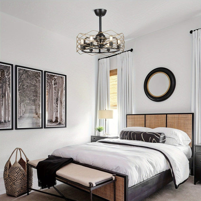 22 in. Black Industrial Ceiling Fan with Light Remote, 3-Blade Small Ceiling Fan Chandelier with Cage for Dining Room Bedroom Living Room-ErisView