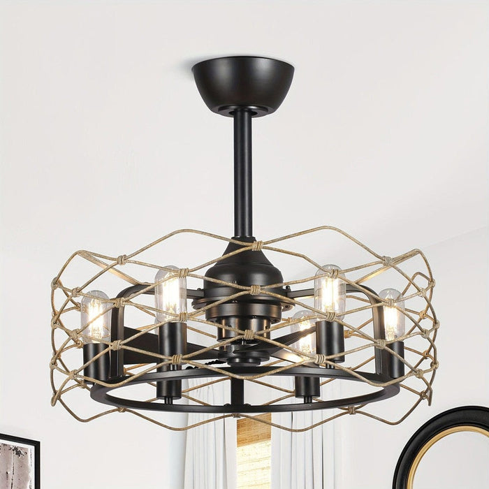 22 in. Black Industrial Ceiling Fan with Light Remote, 3-Blade Small Ceiling Fan Chandelier with Cage for Dining Room Bedroom Living Room-ErisView