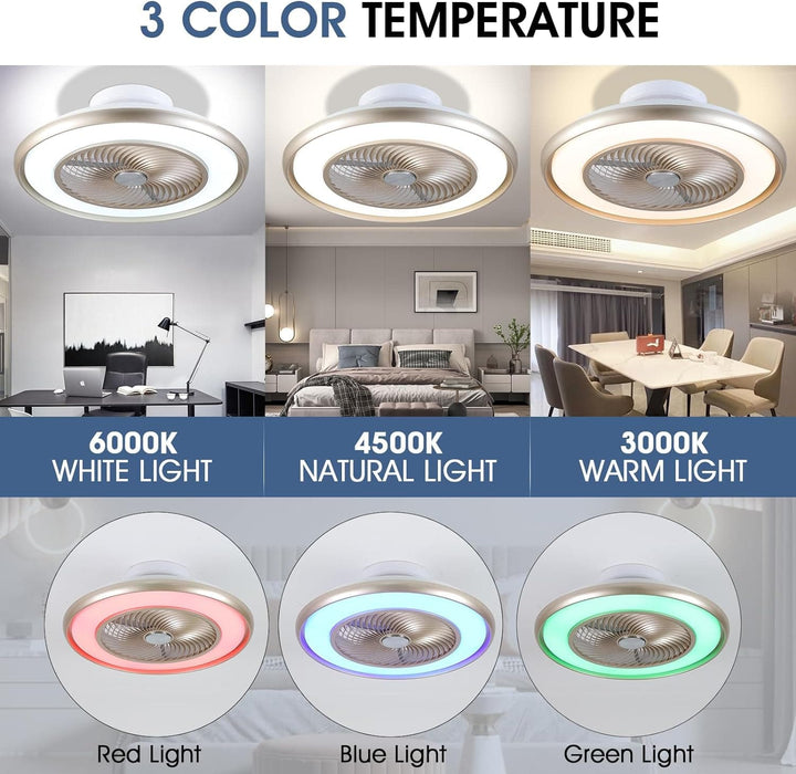 22 in. Bladeless Low Profile Ceiling Fan with Lights and Remote, Modern Flush Mount Enclosed RGB Ceiling Fan for Bedroom Living Room Party-3-ErisView