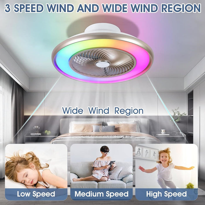 22 in. Bladeless Low Profile Ceiling Fan with Lights and Remote, Modern Flush Mount Enclosed RGB Ceiling Fan for Bedroom Living Room Party-4-ErisView