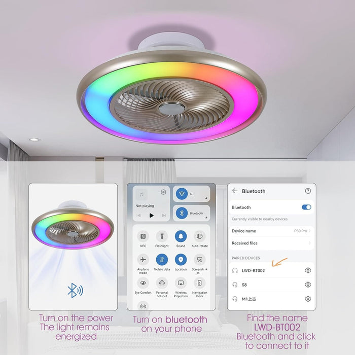 22 in. Bladeless Low Profile Ceiling Fan with Lights and Remote, Modern Flush Mount Enclosed RGB Ceiling Fan for Bedroom Living Room Party-5-ErisView