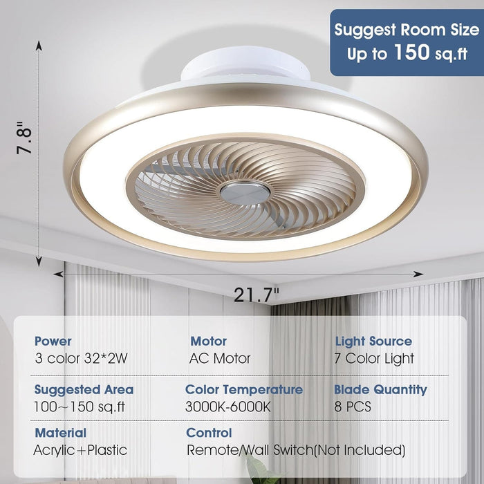 22 in. Bladeless Low Profile Ceiling Fan with Lights and Remote, Modern Flush Mount Enclosed RGB Ceiling Fan for Bedroom Living Room Party-6-ErisView