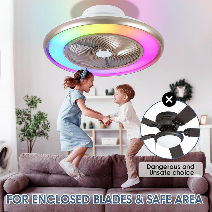 22 in. Bladeless Low Profile Ceiling Fan with Lights and Remote, Modern Flush Mount Enclosed RGB Ceiling Fan for Bedroom Living Room Party-7-ErisView