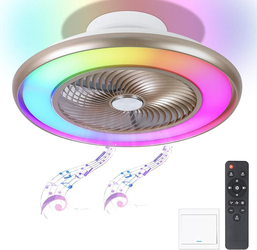 22 in. Bladeless Low Profile Ceiling Fan with Lights and Remote, Modern Flush Mount Enclosed RGB Ceiling Fan for Bedroom Living Room Party-1-ErisView
