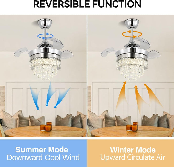 22 in. Chrome LED Crystal Ceiling Fan with Light, Small Fandeliers Chandelier Fan with Lights for Living Room Bedroom-2-ErisView