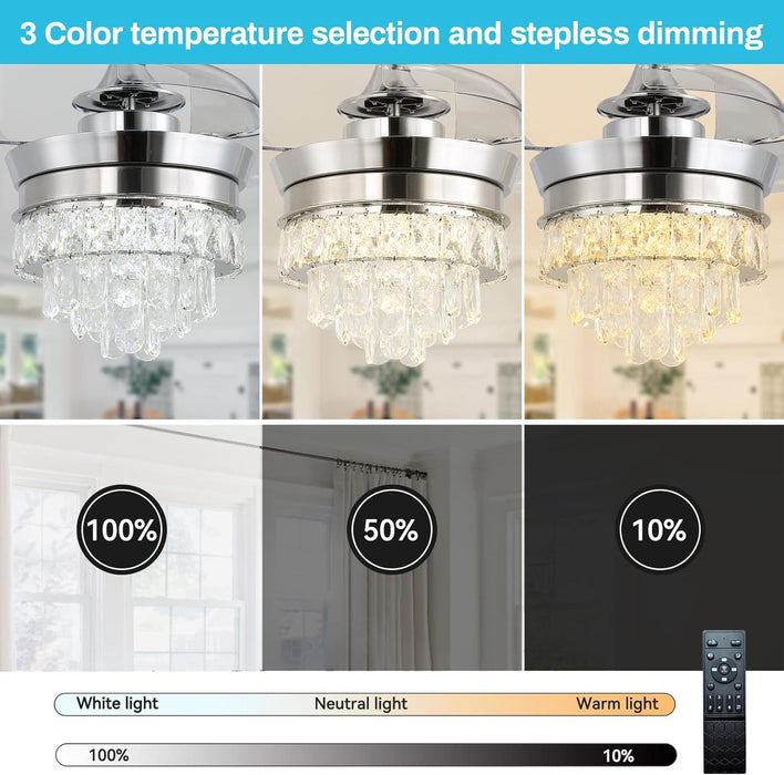 22 in. Chrome LED Crystal Ceiling Fan with Light, Small Fandeliers Chandelier Fan with Lights for Living Room Bedroom-3-ErisView
