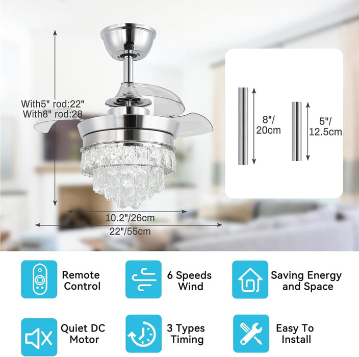 22 in. Chrome LED Crystal Ceiling Fan with Light, Small Fandeliers Chandelier Fan with Lights for Living Room Bedroom-5-ErisView