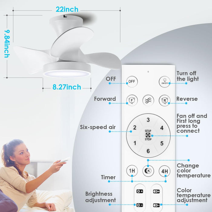 22 in. Low Ceiling Fan and Light and Remote, Small Fandelier Flush Mount, Bedroom Ceiling Fans, Reversible White Ceiling Fan, LED Dimmable Ceiling Fan-7-ErisView