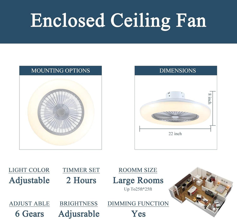 22 in. Silver Bladeless Ceiling Fan with Low Profile Light, Enclosed Ceiling Fan with Lights and Remote-6-ErisView