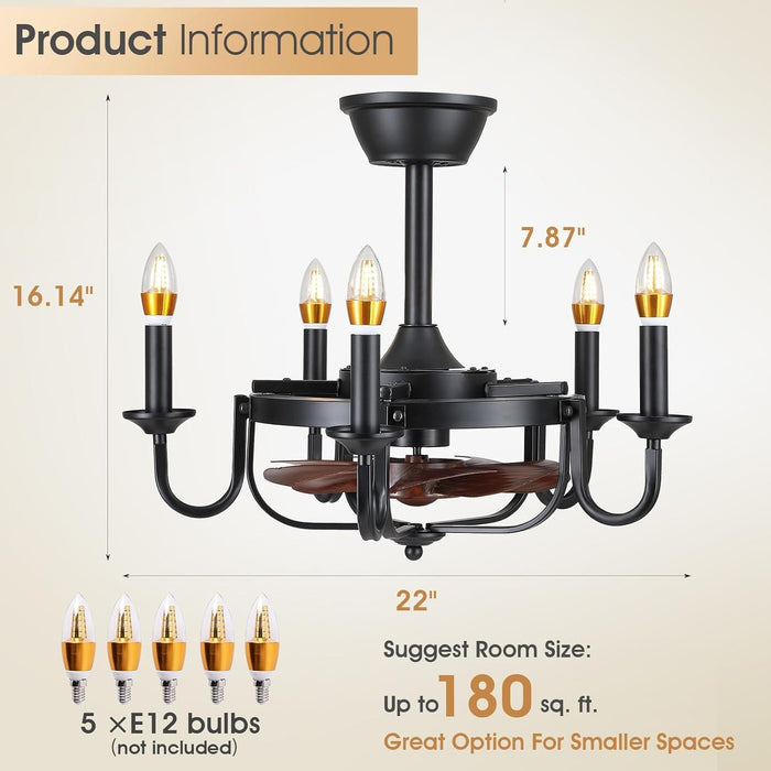 22 in. Small Black Chandelier Ceiling Fan with Lights, Industrial Ceiling Fans, Caged Ceiling Fan Light for Dining Room Kitchen-2-ErisView