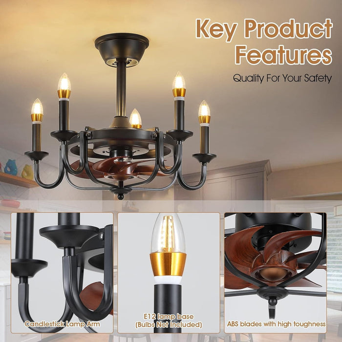 22 in. Small Black Chandelier Ceiling Fan with Lights, Industrial Ceiling Fans, Caged Ceiling Fan Light for Dining Room Kitchen-3-ErisView