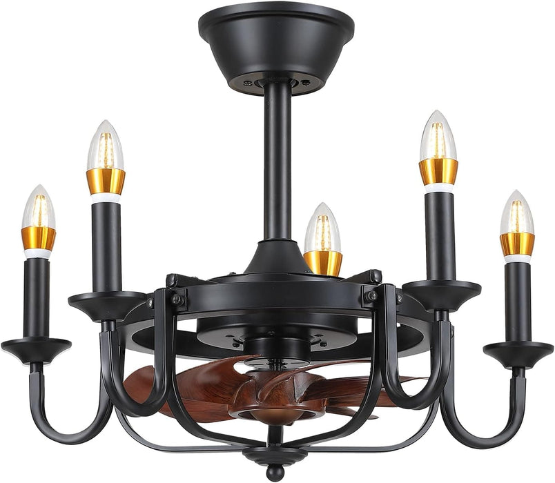 22 in. Small Black Chandelier Ceiling Fan with Lights, Industrial Ceiling Fans, Caged Ceiling Fan Light for Dining Room Kitchen-1-ErisView